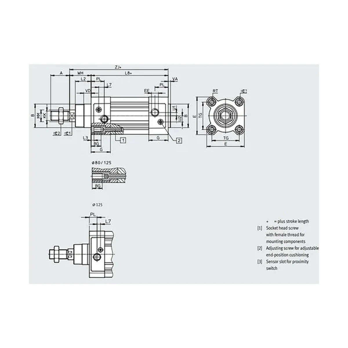Dimensões Cilindro Pneumático DSBC-32-150-PPSA-N3 FESTO PAHC Automação
